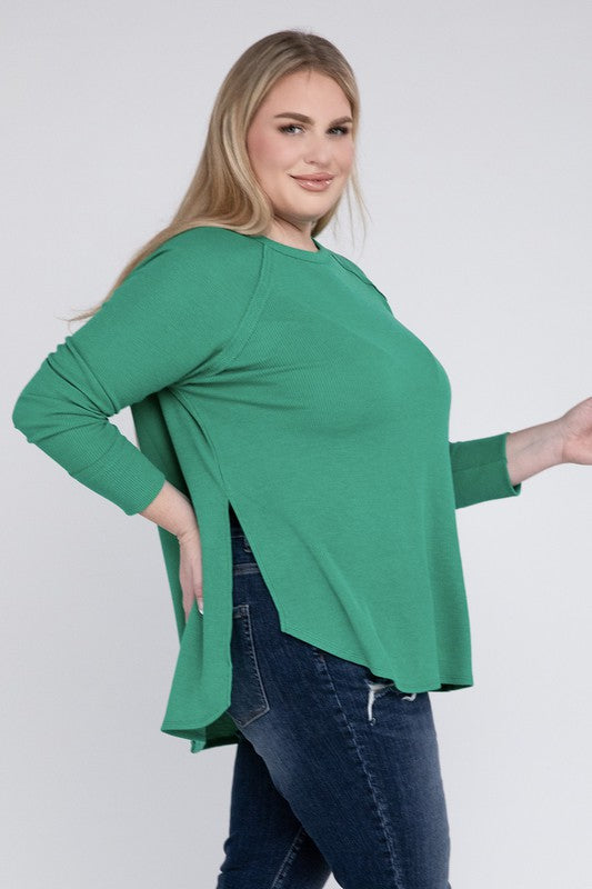 Plus Melange Baby Waffle Long Sleeve Top by ZENANA | Fleurcouture