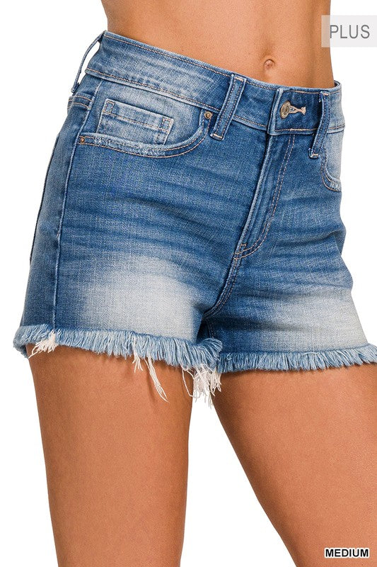 Plus Mid Rise Raw Frayed Hem Denim Shorts MEDIUM 1X by ZENANA | Fleurcouture