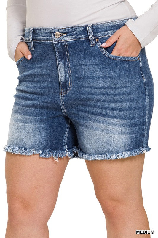 Plus Mid Rise Raw Frayed Hem Denim Shorts MEDIUM 3X by ZENANA | Fleurcouture