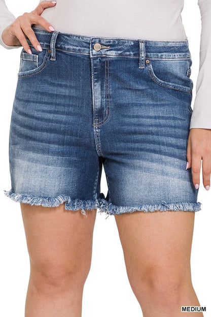 Plus Mid Rise Raw Frayed Hem Denim Shorts MEDIUM 3X by ZENANA | Fleurcouture