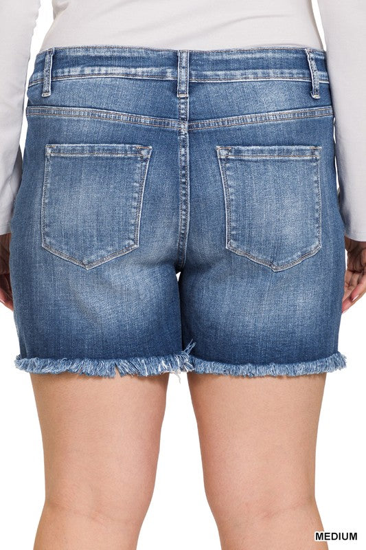 Plus Mid Rise Raw Frayed Hem Denim Shorts MEDIUM 3X by ZENANA | Fleurcouture