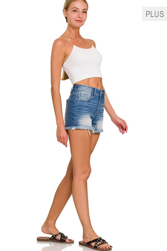 Plus Mid Rise Raw Frayed Hem Denim Shorts MEDIUM by ZENANA | Fleurcouture