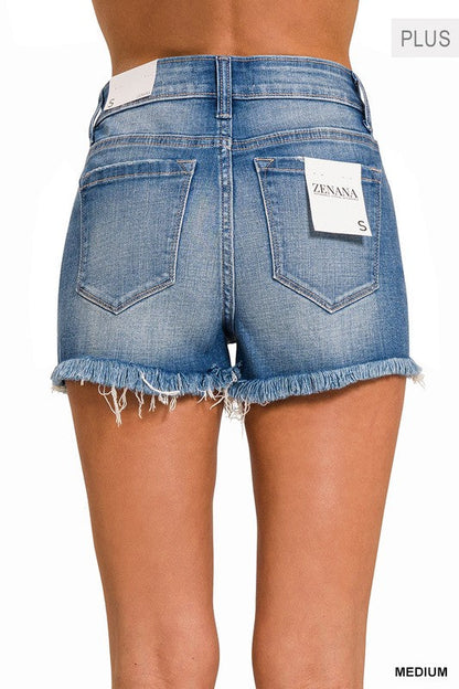 Plus Mid Rise Raw Frayed Hem Denim Shorts MEDIUM by ZENANA | Fleurcouture