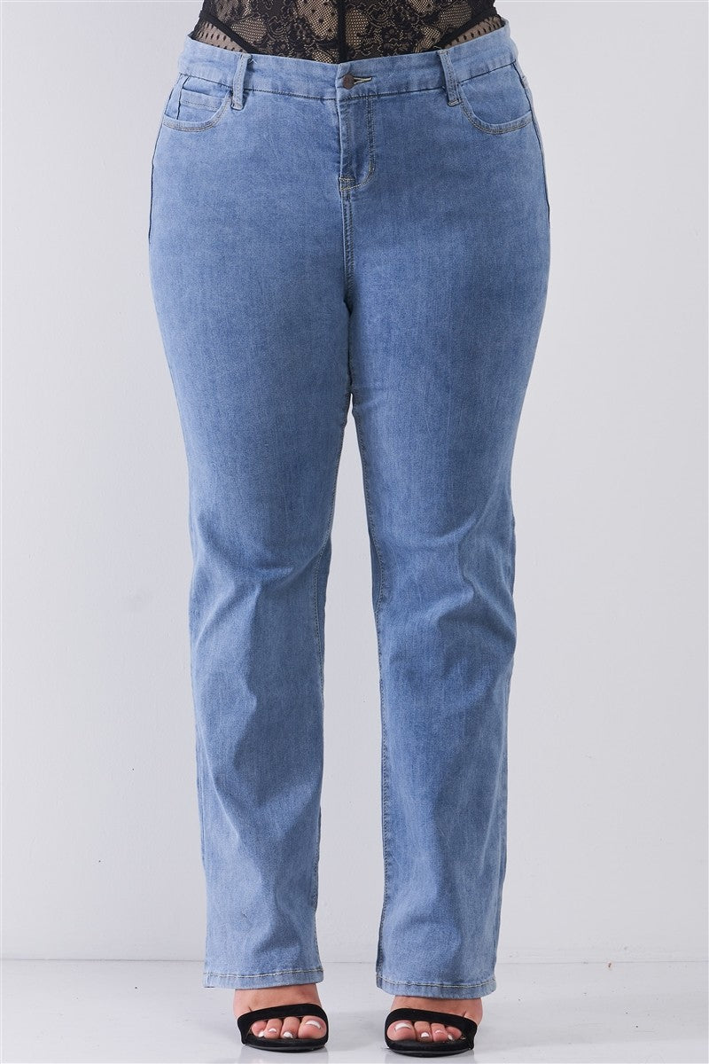 Plus Mid-wash Blue Denim Low-rise Wide-leg Upsized Basic Dad Jeans by Fleurcouture | Fleurcouture