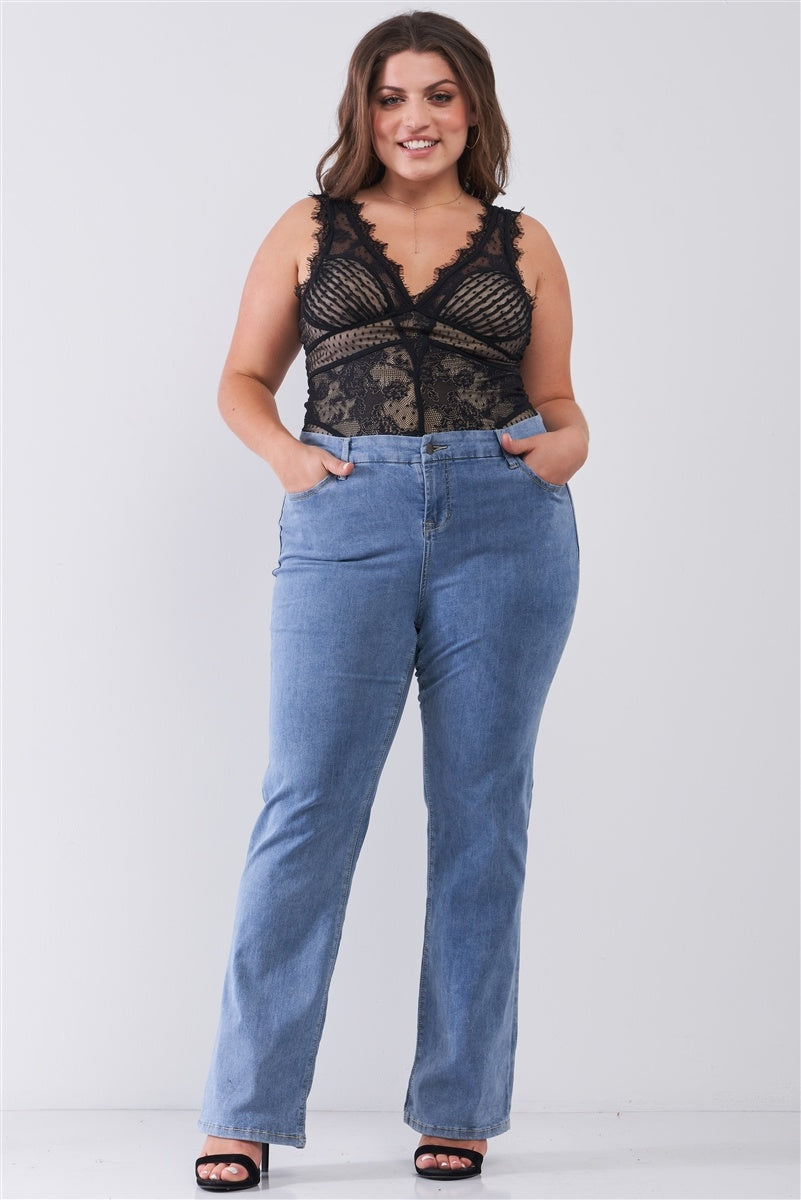Plus Mid-wash Blue Denim Low-rise Wide-leg Upsized Basic Dad Jeans by Fleurcouture | Fleurcouture