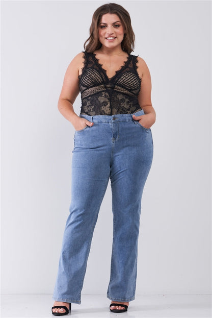 Plus Mid-wash Blue Denim Low-rise Wide-leg Upsized Basic Dad Jeans by Fleurcouture | Fleurcouture