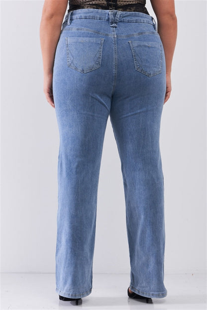 Plus Mid-wash Blue Denim Low-rise Wide-leg Upsized Basic Dad Jeans by Fleurcouture | Fleurcouture