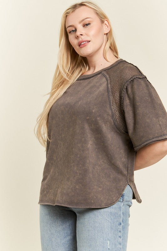 PLUS MINERAL WASHED SHORT SLEEVE FISHNET TOP by Jade By Jane | Fleurcouture