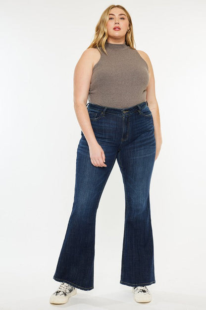 Plus Petite Dark Wash Mid Rise Flare Jeans DARK by Kan Can USA | Fleurcouture