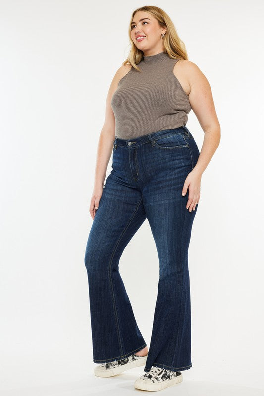 Plus Petite Dark Wash Mid Rise Flare Jeans DARK by Kan Can USA | Fleurcouture