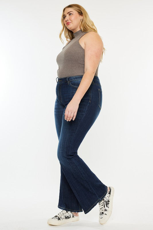 Plus Petite Dark Wash Mid Rise Flare Jeans DARK by Kan Can USA | Fleurcouture