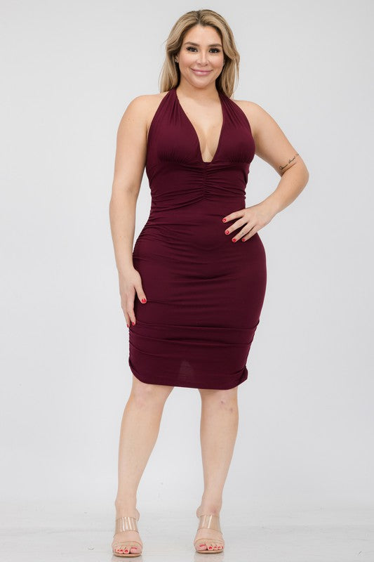 Plus Plunging Neck Ruched Bodycon Mini Dress Burgundy 1XL by Capella | Fleurcouture