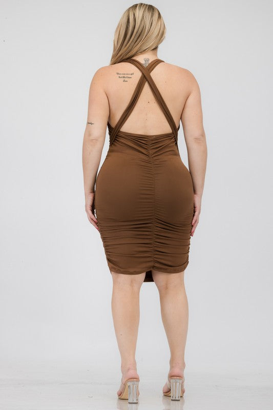 Plus Plunging Neck Ruched Bodycon Mini Dress by Capella | Fleurcouture