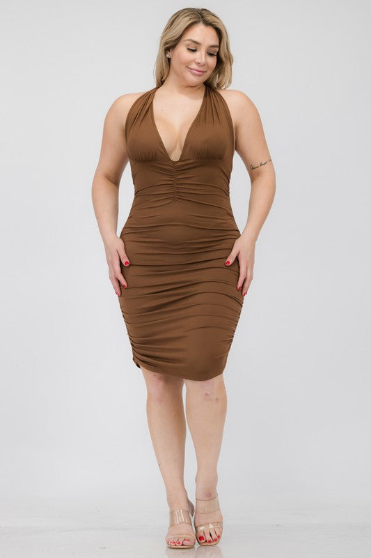 Plus Plunging Neck Ruched Bodycon Mini Dress by Capella | Fleurcouture