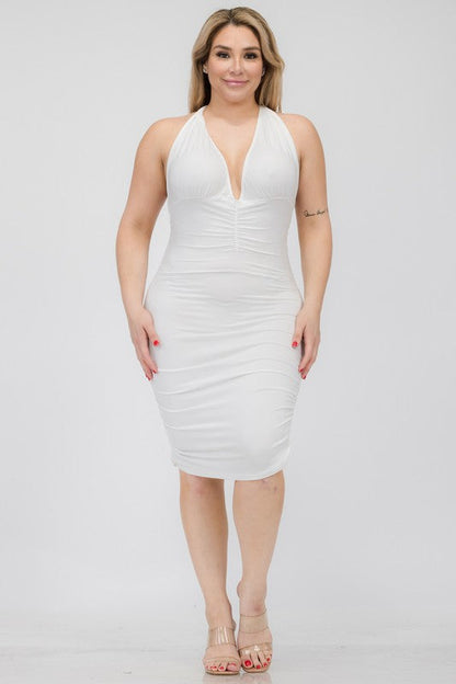 Plus Plunging Neck Ruched Bodycon Mini Dress White 1XL by Capella | Fleurcouture