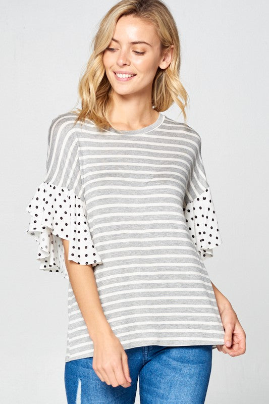 PLUS POLKA DOT RUFFLE SLEEVE TOP Ivory 1X by e Luna | Fleurcouture