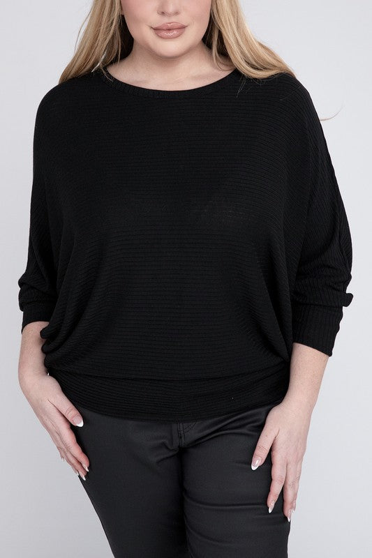 Plus Ribbed Batwing Long Sleeve Boat Neck Sweater BLACK 1X by ZENANA | Fleurcouture