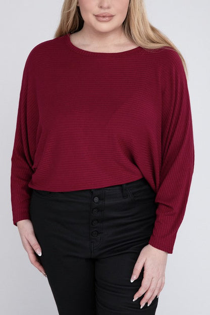 Plus Ribbed Batwing Long Sleeve Boat Neck Sweater CABERNET 1X by ZENANA | Fleurcouture