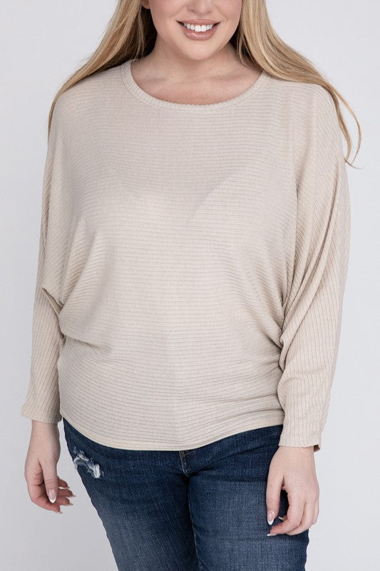 Plus Ribbed Batwing Long Sleeve Boat Neck Sweater SAND BEIGE 1X by ZENANA | Fleurcouture