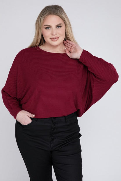 Plus Ribbed Batwing Long Sleeve Boat Neck Sweater by ZENANA | Fleurcouture