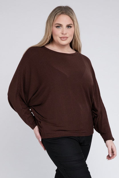 Plus Ribbed Batwing Long Sleeve Boat Neck Sweater by ZENANA | Fleurcouture