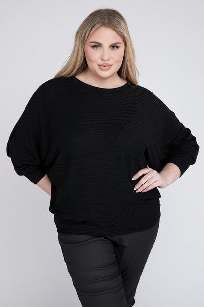 Plus Ribbed Batwing Long Sleeve Boat Neck Sweater by ZENANA | Fleurcouture