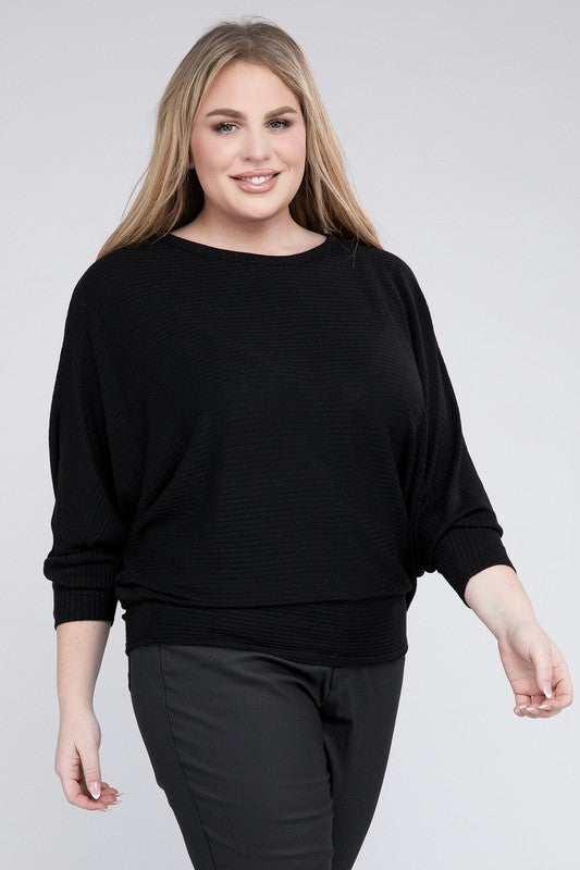 Plus Ribbed Batwing Long Sleeve Boat Neck Sweater by ZENANA | Fleurcouture