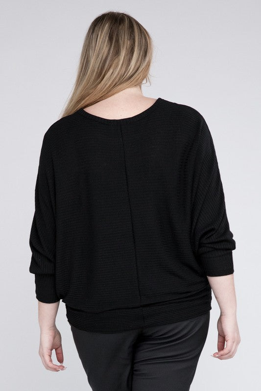 Plus Ribbed Batwing Long Sleeve Boat Neck Sweater by ZENANA | Fleurcouture