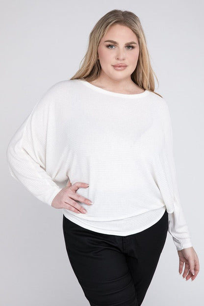 Plus Ribbed Batwing Long Sleeve Boat Neck Sweater by ZENANA | Fleurcouture