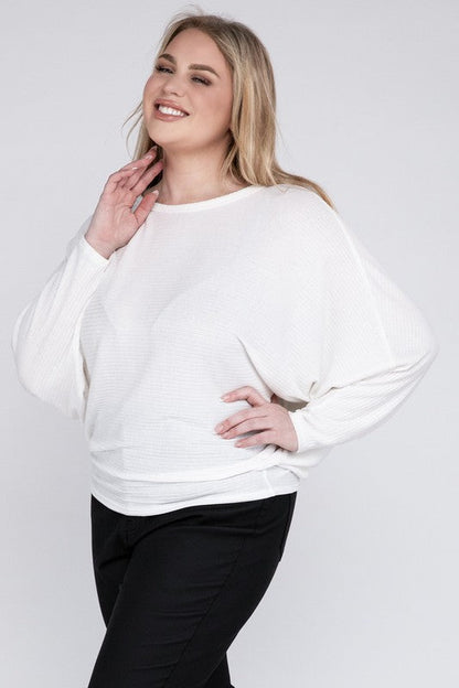 Plus Ribbed Batwing Long Sleeve Boat Neck Sweater by ZENANA | Fleurcouture