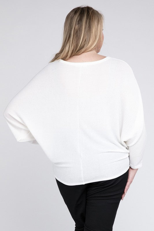 Plus Ribbed Batwing Long Sleeve Boat Neck Sweater by ZENANA | Fleurcouture