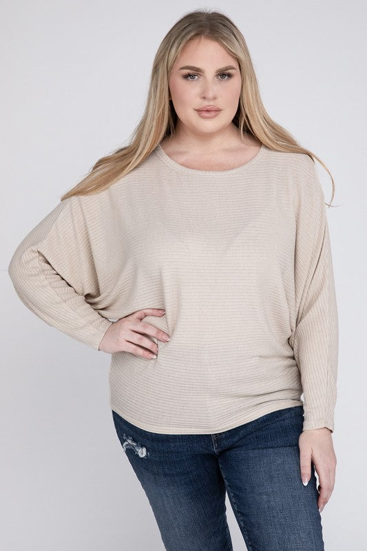 Plus Ribbed Batwing Long Sleeve Boat Neck Sweater by ZENANA | Fleurcouture