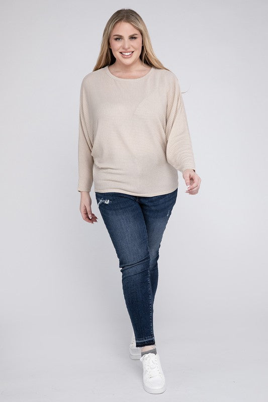 Plus Ribbed Batwing Long Sleeve Boat Neck Sweater by ZENANA | Fleurcouture