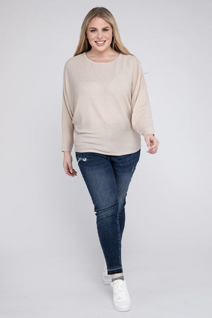 Plus Ribbed Batwing Long Sleeve Boat Neck Sweater by ZENANA | Fleurcouture