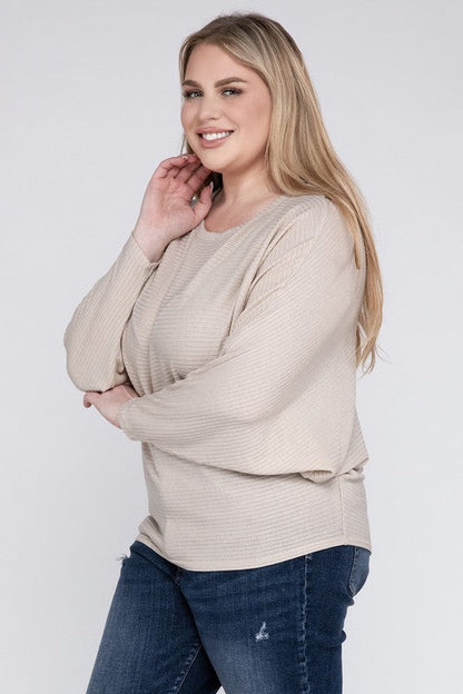 Plus Ribbed Batwing Long Sleeve Boat Neck Sweater by ZENANA | Fleurcouture