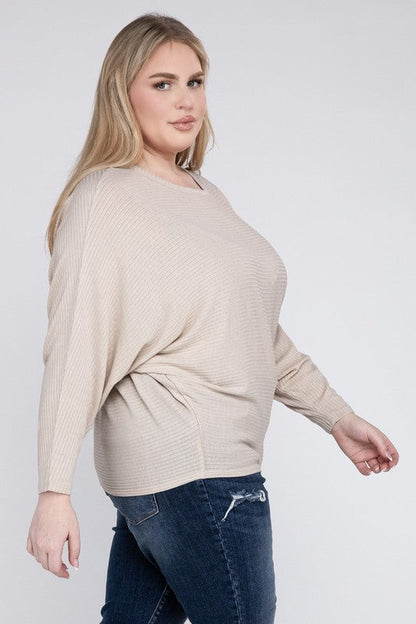 Plus Ribbed Batwing Long Sleeve Boat Neck Sweater by ZENANA | Fleurcouture