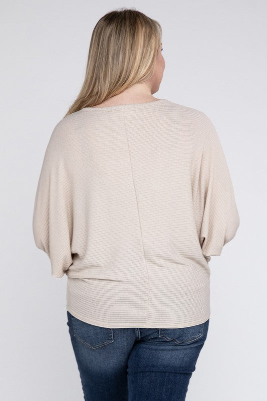 Plus Ribbed Batwing Long Sleeve Boat Neck Sweater by ZENANA | Fleurcouture