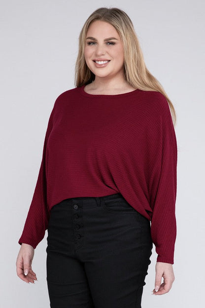 Plus Ribbed Batwing Long Sleeve Boat Neck Sweater by ZENANA | Fleurcouture