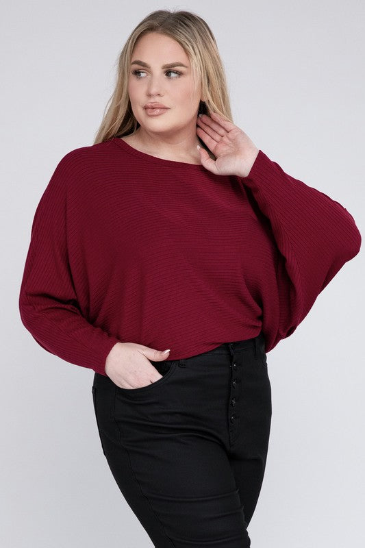 Plus Ribbed Batwing Long Sleeve Boat Neck Sweater by ZENANA | Fleurcouture