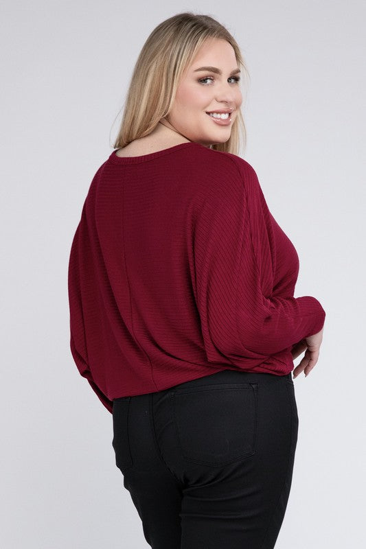 Plus Ribbed Batwing Long Sleeve Boat Neck Sweater by ZENANA | Fleurcouture