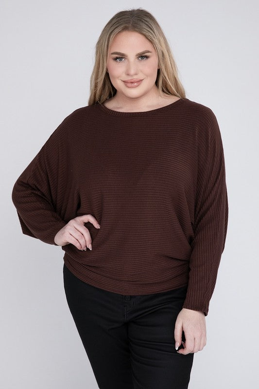 Plus Ribbed Batwing Long Sleeve Boat Neck Sweater by ZENANA | Fleurcouture