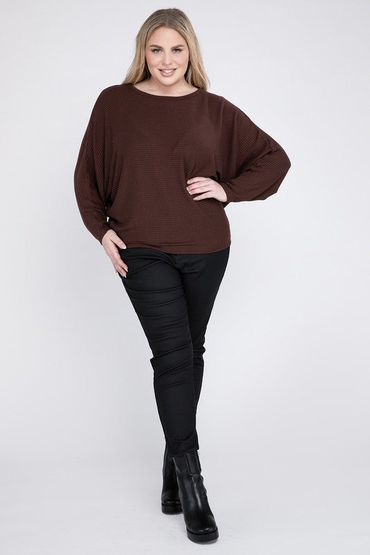 Plus Ribbed Batwing Long Sleeve Boat Neck Sweater by ZENANA | Fleurcouture