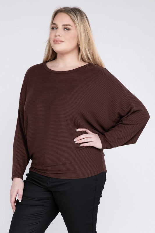 Plus Ribbed Batwing Long Sleeve Boat Neck Sweater by ZENANA | Fleurcouture