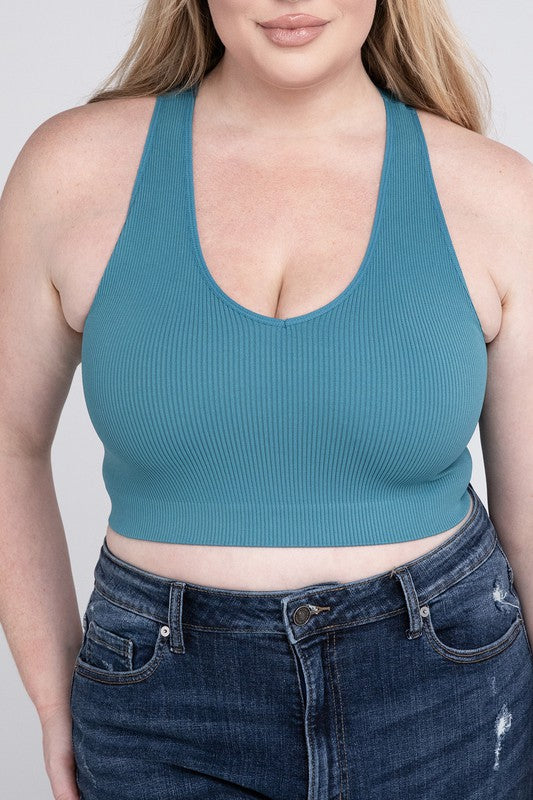 Plus Ribbed Cropped Racerback Tank Top DUSTY TEAL 1X/2X by ZENANA | Fleurcouture