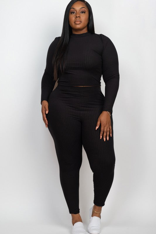 Plus Ribbed Mock Neck Long Sleeve Top&amp;Leggings Set Black 1XL by Capella | Fleurcouture