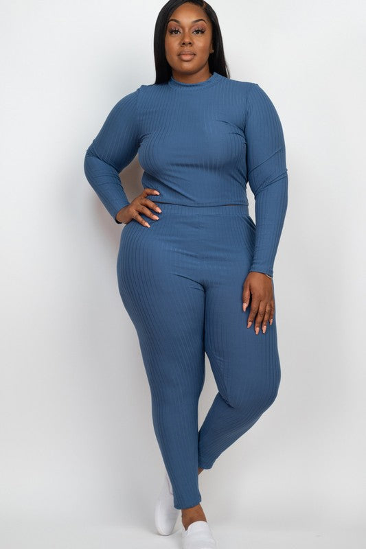 Plus Ribbed Mock Neck Long Sleeve Top&amp;Leggings Set Blue haze 1XL by Capella | Fleurcouture