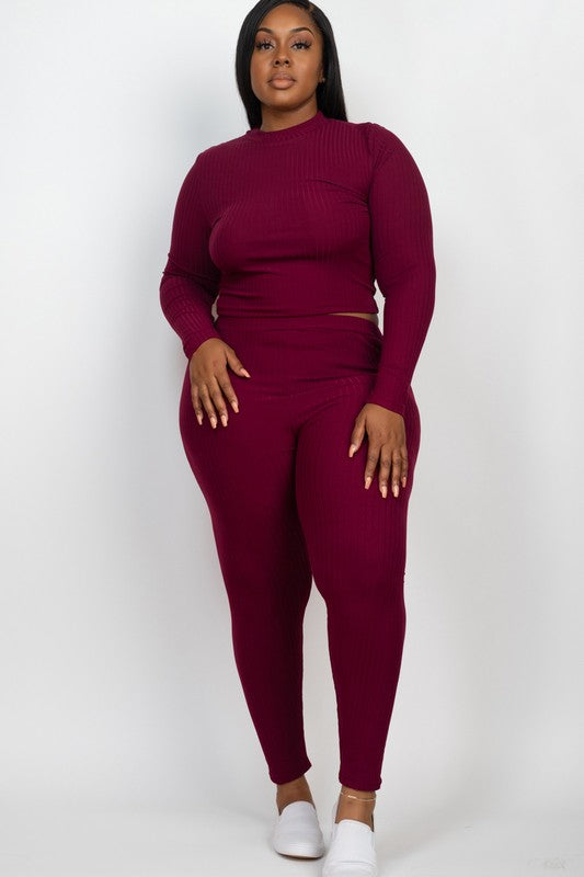 Plus Ribbed Mock Neck Long Sleeve Top&amp;Leggings Set Burgundy 1XL by Capella | Fleurcouture