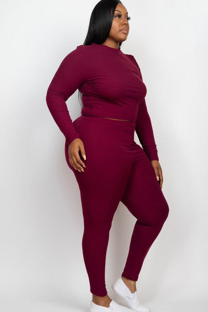 Plus Ribbed Mock Neck Long Sleeve Top&amp;Leggings Set by Capella | Fleurcouture