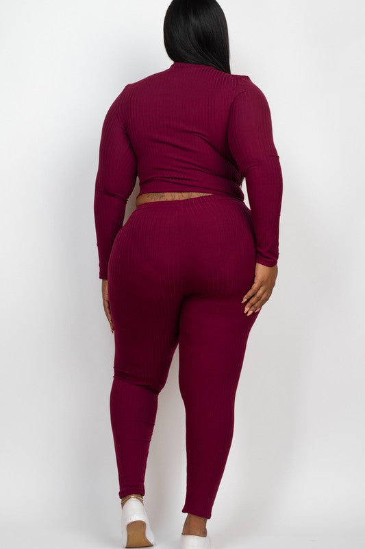 Plus Ribbed Mock Neck Long Sleeve Top&amp;Leggings Set by Capella | Fleurcouture