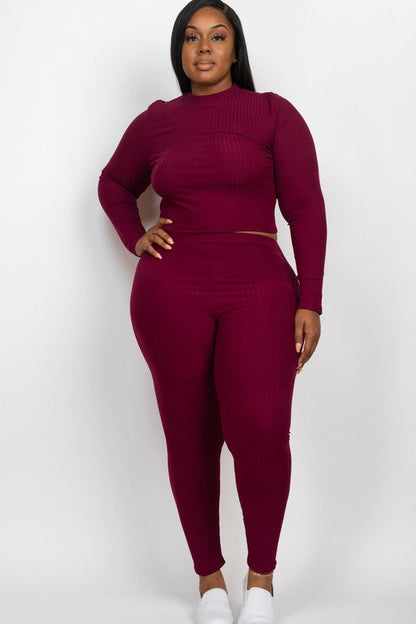 Plus Ribbed Mock Neck Long Sleeve Top&amp;Leggings Set by Capella | Fleurcouture